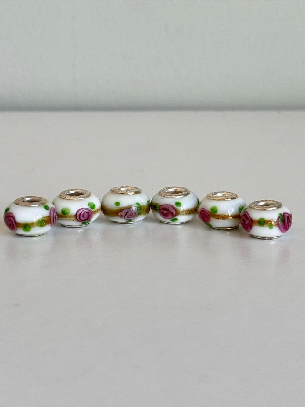 925 Sterling Silver White Pink Green Floral European Art Glass Murano Bead Charm